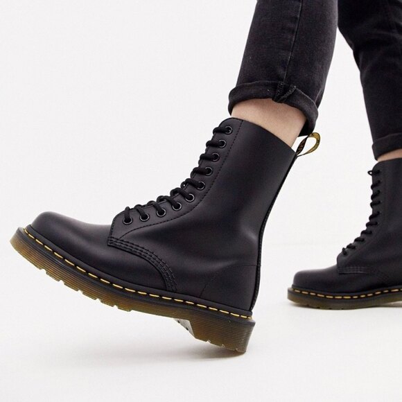 Dr. Martens Black 1490 Mid‎ Calf Virginia Leather Combat Boots 90s Grunge y2k - Picture 1 of 10
